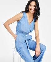 I.n.c. International Concepts Women's Surplice Sleeveless Belted Chambray Jumpsuit, Exclusively at Macy's