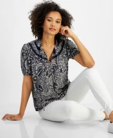 Nautica Jeans Women's Printed Tie-Neck Puff-Sleeve Top