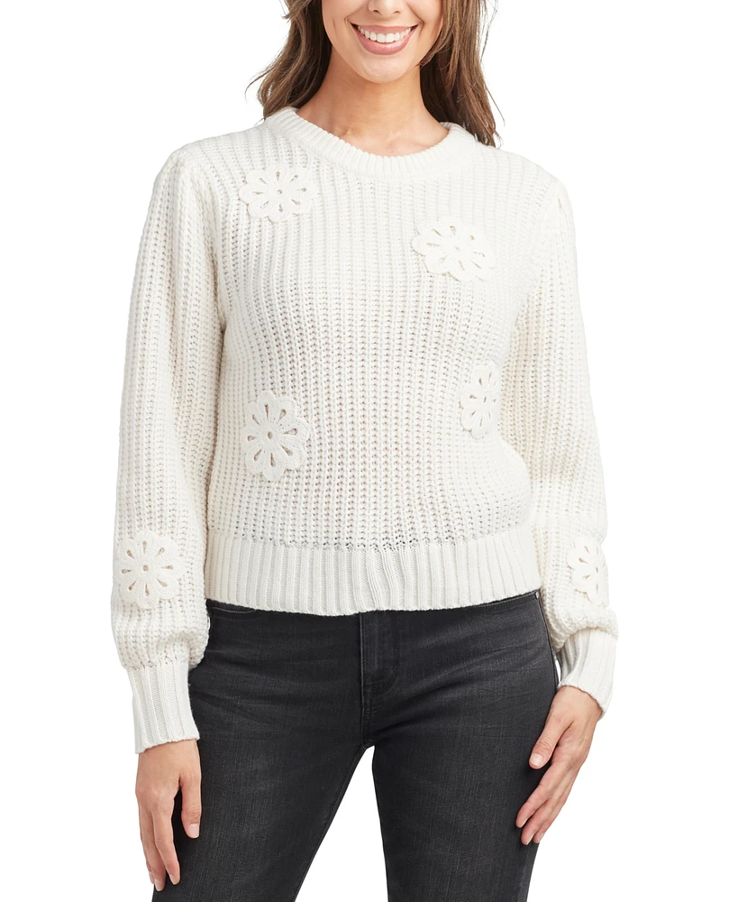 Bcx Juniors' Embroidered Open-Knit Crewneck Sweater