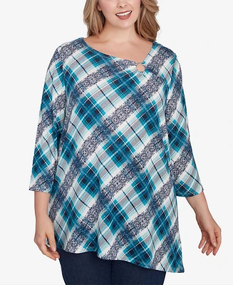 Ruby Rd. Plus Size Ring Neck Plaid Hatchi Knit Top