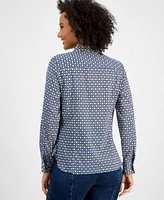 Nautica Jeans Women's Cotton Tile-Print Roll-Tab Shirt