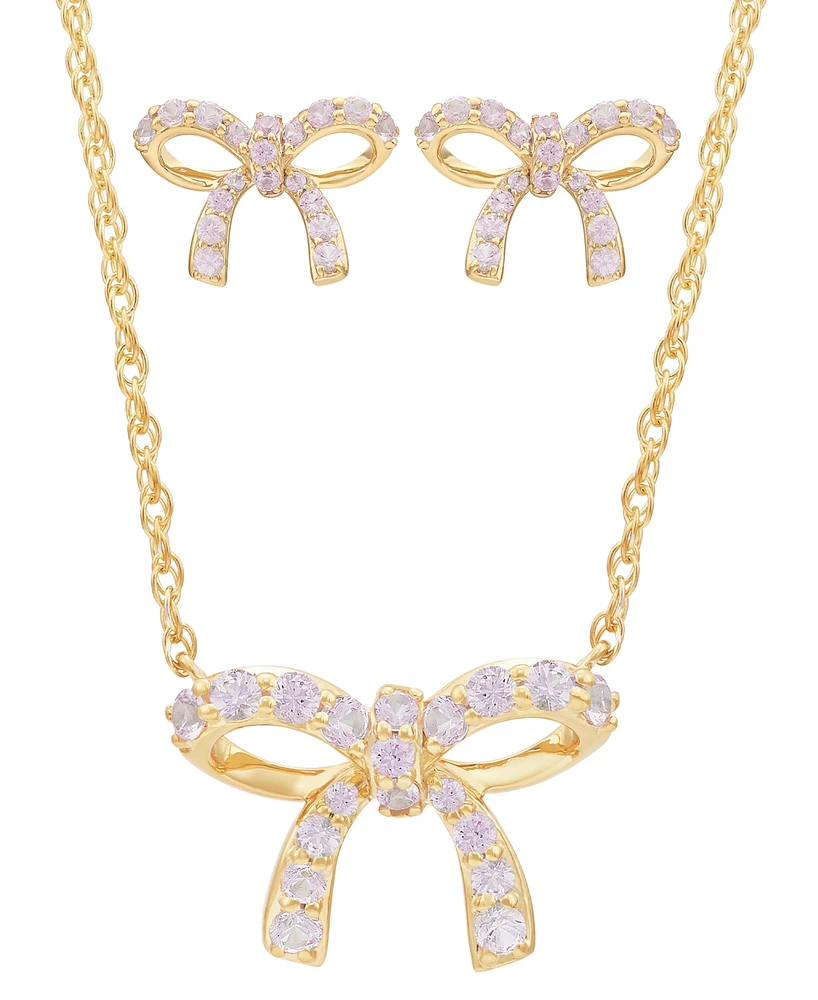 2-Pc. Set Lab Created Pink Sapphire Bow Pendant Necklace & Matching Stud Earrings (1 ct. t.w.) in 14k Gold-Plated Sterling Silver