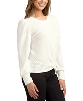 Bcx Juniors' Ribbed Twist-Front Puff-Sleeve Crewneck Sweater