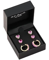 3-Pc. Set Lab Created Pink Sapphire (6 ct. t.w.) & Lab Created White Sapphire (1/2 ct. t.w.) Heart Stud & Small Hoop Earrings 14k Gold-Plated Sterling