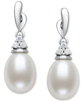 Belle de Mer Cultured Freshwater Pearl (7-8mm) & Lab-Created White Sapphire Accent Drop Earrings in Sterling Silver