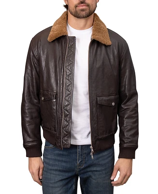 Bagatelle Homme Men's Shearling-Collared Genuine Leather Aviator Jacket