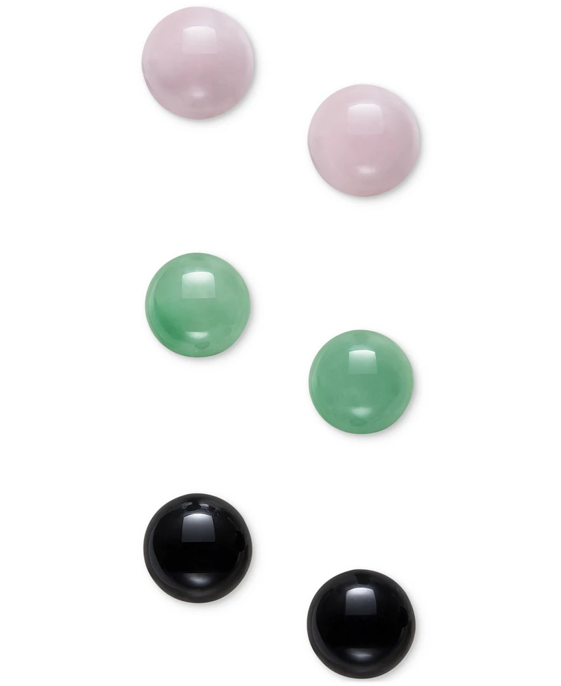 3-Pc. Set Rose Quartz, Dyed Green Jade, & Onyx Stud Earrings in Sterling Silver