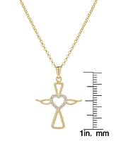 Lab Grown White Sapphire Angel & Heart 18" Pendant Necklace (1/6 ct. t.w.) in 14k Gold-Plated Sterling Silver