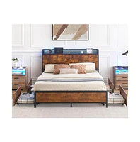 Garmin Bed Frame with Storage Drawers and Charging Station, Led Light Bed Frame with Storage Headboard,No Box Spring Needed