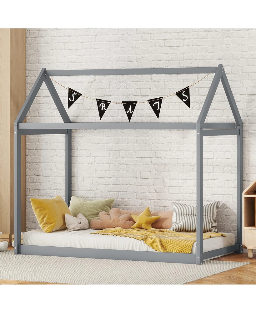 Slickblue Twin Wooden House Bed – Fun and Stylish Design for Kids' Bedrooms, Perfect Play Cozy Sleeping