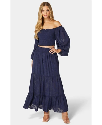 Bebe Women's Two Piece Smocked Maxi Dress, XSmall, Navy