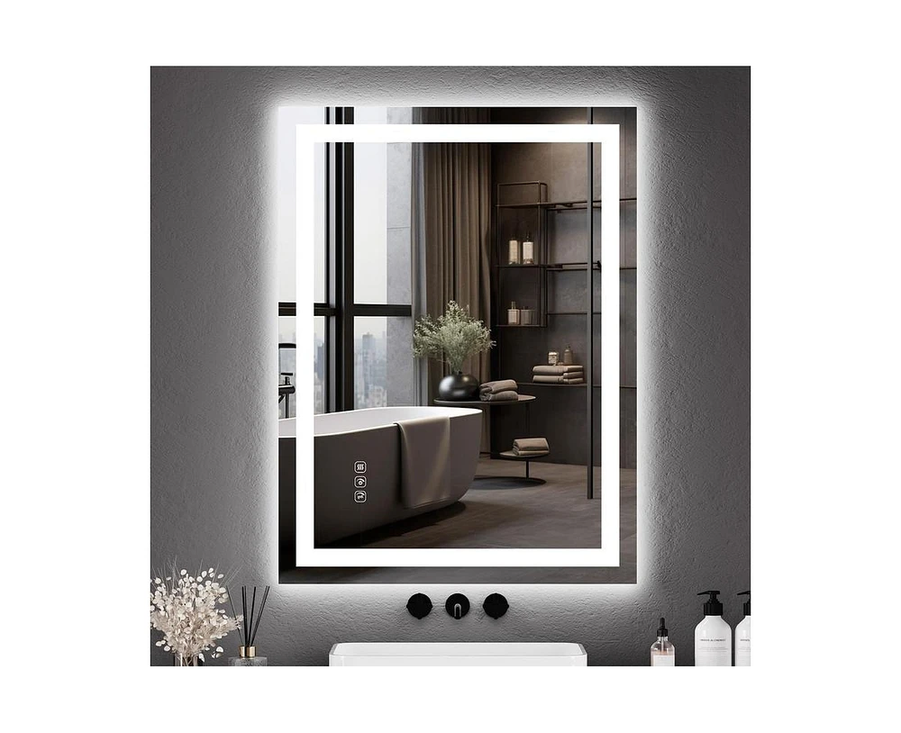 Garmin Led Bathroom Mirror 24X32“ Wall-Mounted Vanity Mirrors Stepless Dimmable Wall Mirrors with Anti-Fog, Backlit + Front Lit, Memory Functio