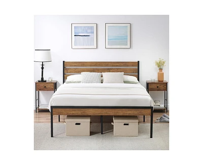 gaomon Queen Size Platform Bed Frame with Rustic Vintage Wood Headboard, Mattress Foundation Metal Slats Support, No Box Spring Needed, Brown