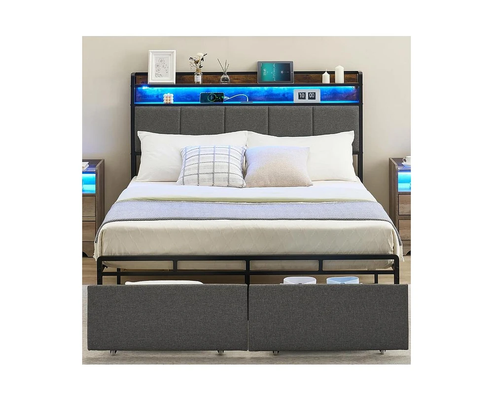 Garmin King Size Bed Frame with Headboard and Storage Drawers, Upholstered Platform Bed Frame with Charging Station and Led Lights, Gray