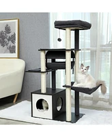 Slickblue Modern Cat Tree – 6-Level Wooden Cat Tower with Sisal Scratching Posts, Cozy Condo, Spacious Perch