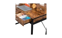 Slickblue Old Wood Table Top with Black Steel Frame and Particle Board, Featuring Two Small and Two Large Drawers Versatile Computer and Study Desk