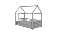 Slickblue Twin Floor Wooden Bed with House Roof Frame, Fence Guardrails