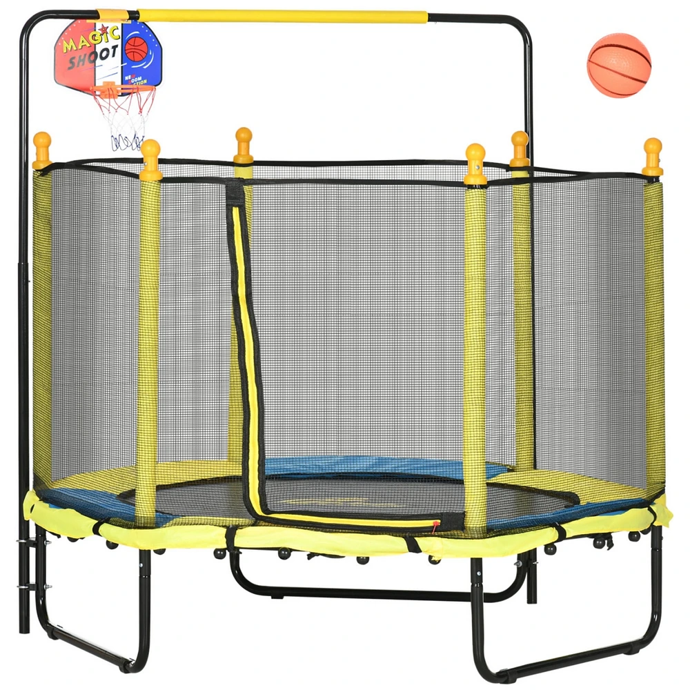 4.6' Kids Trampoline with Basketball Hoop, Horizontal Bar, 55" Indoor Trampoline with Net, Small Springfree Trampoline Gifts for Kids Toys, Ages