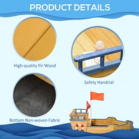 Wooden Kids Pirate Sandbox, Outdoor Sandboat with Bench Seats, Storage, Non-Woven Fabric Cloth for Backyard, Lawn