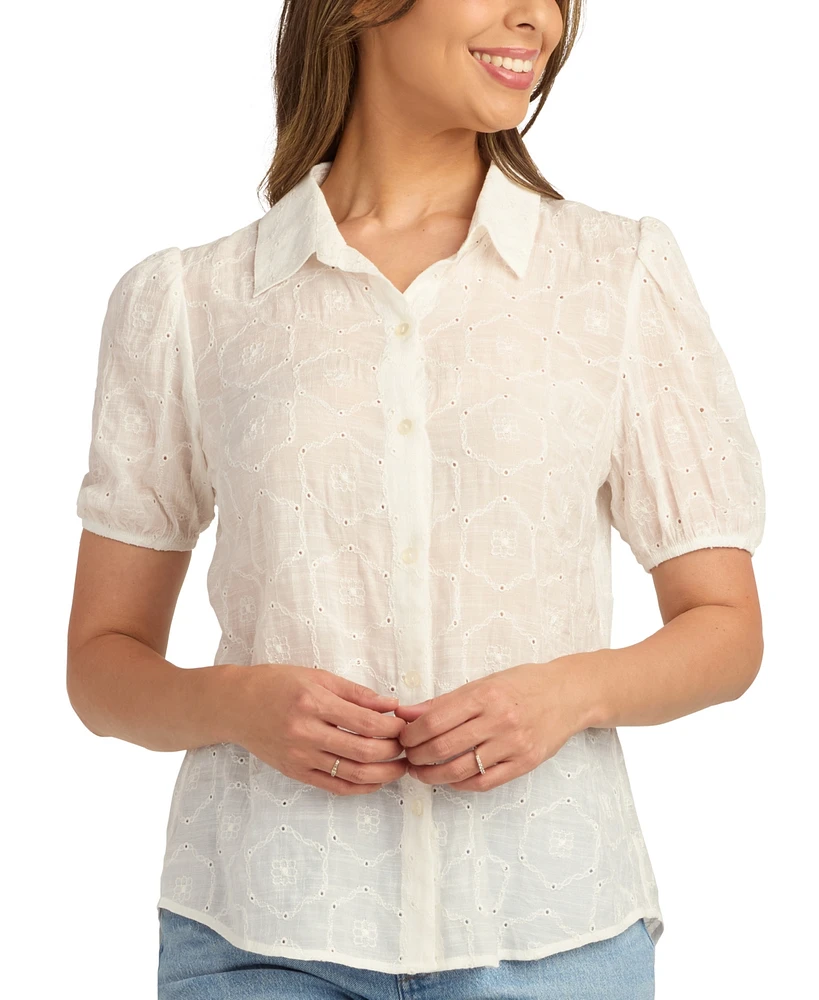 Bcx Juniors' Pointelle Embroidered Puffed-Sleeve Blouse