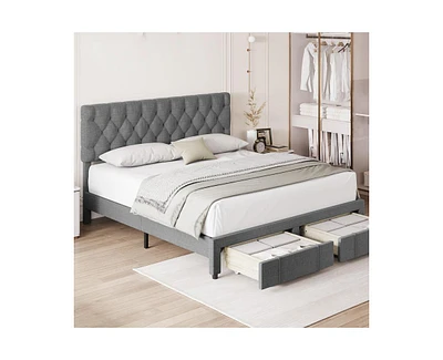 gaomon Full Size Bed Frame with 2 Storage Drawers, Upholstered Platform Bed Frame with Adjustable Button Tufted Headboard, No Box Spring Needed,Gray