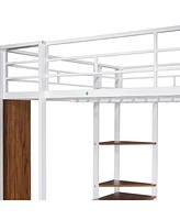 Slickblue Full Size Metal Loft Bed with 2 Shelves and one Desk ,White