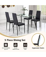 Gymax 5 Pcs 51'' Rectangle Dining Set 0.3'' Thick Glass Table w/ 4 Padded Dining Chairs