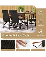 Costway 7 Pcs Patio Dining Set with Acacia Wood Dining Table Rattan Armchairs Soft Cushions