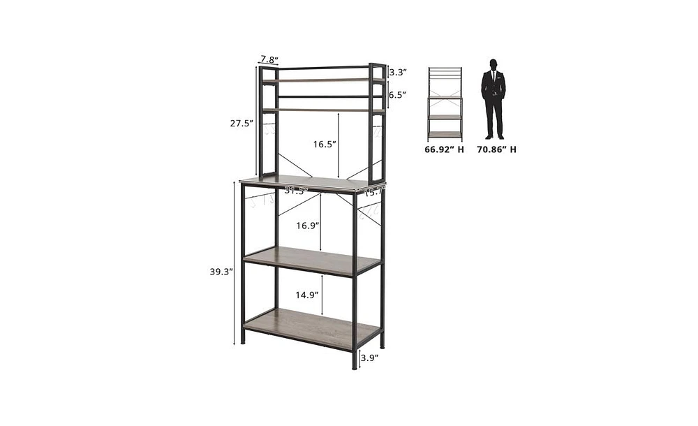 Slickblue 5-Tier Kitchen Bakers Rack with 10 S-Shaped Hooks – Rustic Gray