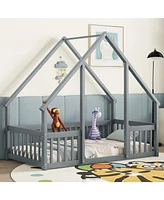 Slickblue Twin Wood House-Shaped Floor Bed in Grey – Features Fence and Guardrails for Safe and Cozy Sleeping Spaces for Kids