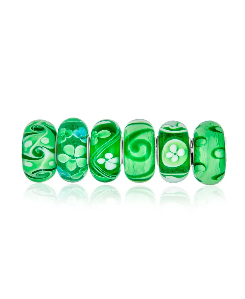 Bling Jewelry Mixed Set Of 6 Bundle Translucent Shades Green Swirl Floral Murano Glass Charm Bead Spacer .925 Sterling Silver Core Fits Europ