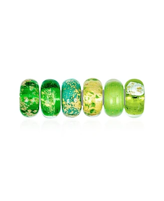 Bling Jewelry Mixed Set Of 6 Bundle Translucent Shades Of Green Swirl Floral Murano Glass Swirl Charm Bead Spacer .925 Sterling Silver Core Fits Europ