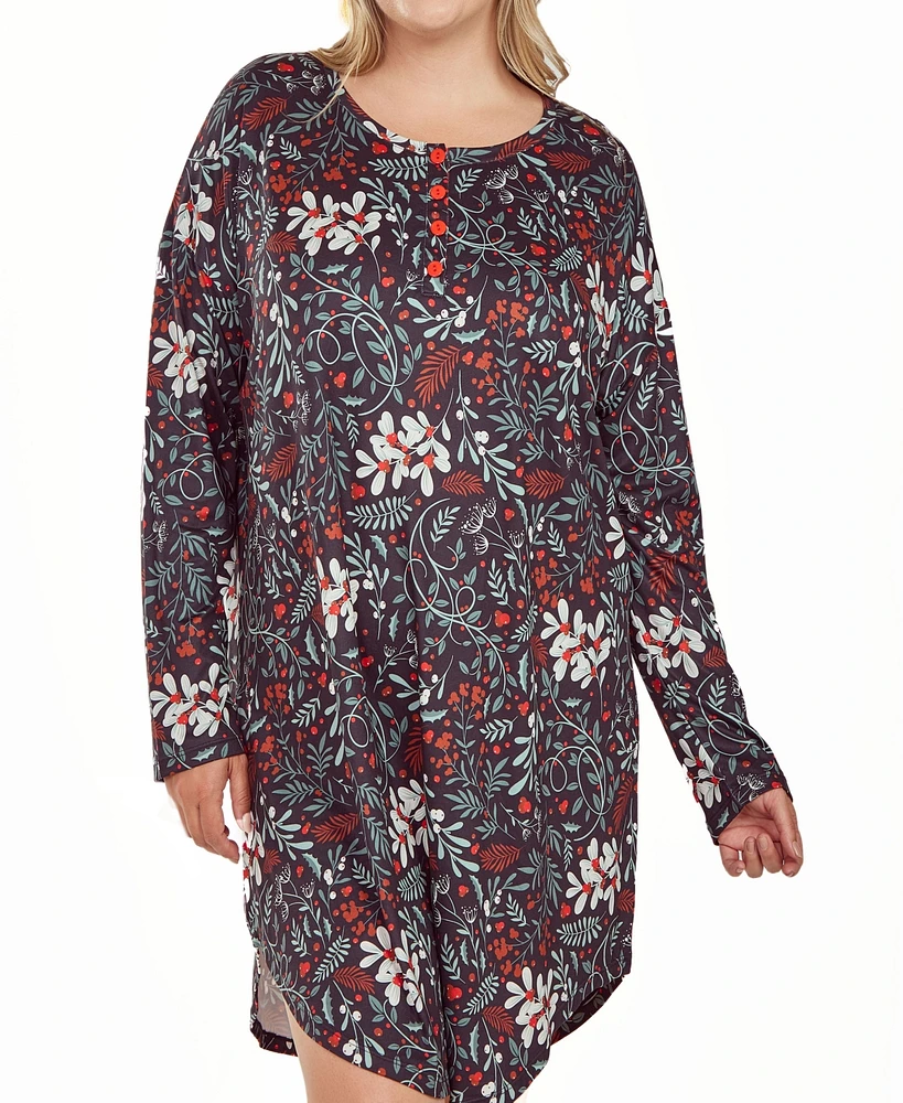 iCollection Plus Long Sleeve Ultra Soft Floral Print Sleepshirt Nightgown