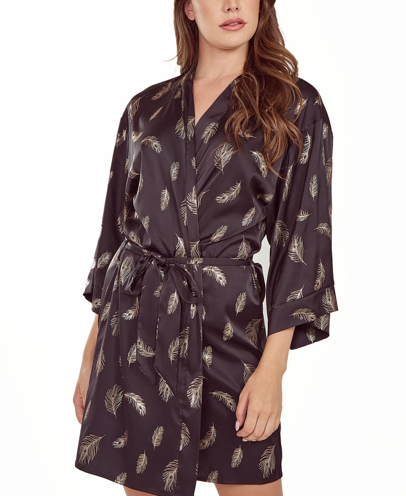 iCollection Women's Silky Self Tie Robe Feather Print