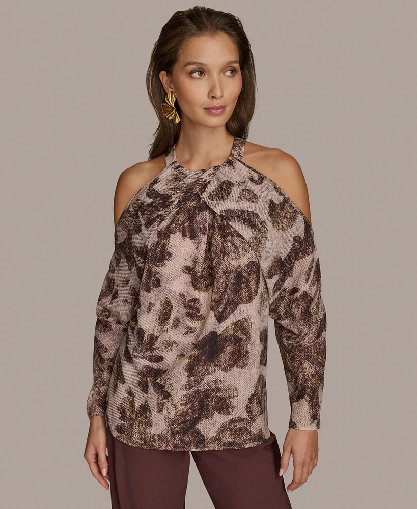 Donna Karan New York Women's Long Sleeve Printed Cold-Shoulder Top