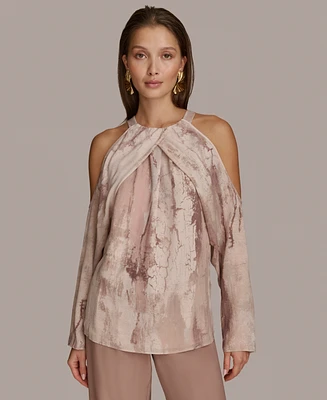 Donna Karan New York Women's Long Sleeve Printed Cold-Shoulder Top