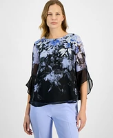 Kasper Women's Cascading Floral Ruffle-Sleeve Blouse, Petite & Regular Sizes