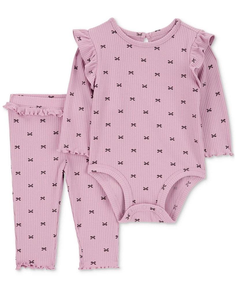 Carter's Baby Girls Bow-Print Ruffled Bodysuit and Pants Set