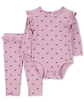 Carter's Baby Girls Bow-Print Ruffled Bodysuit and Pants Set