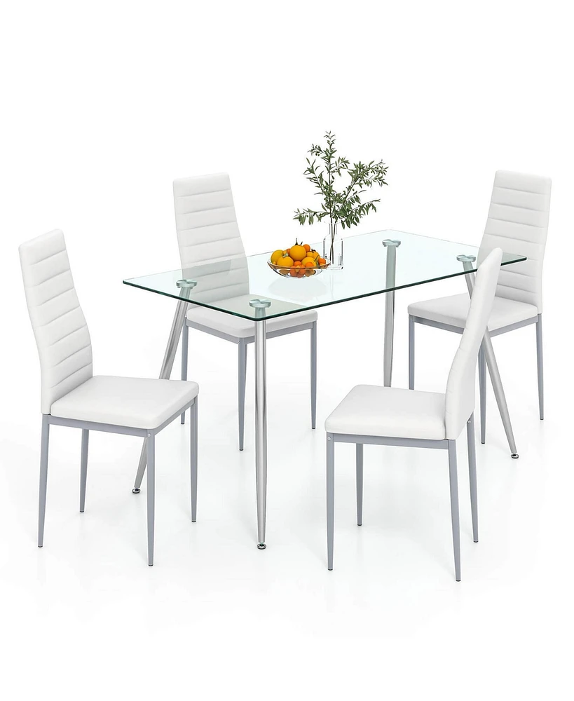Gymax 5 Pcs 51'' Rectangle Dining Set 0.3'' Thick Glass Table w/ 4 Padded Dining Chairs