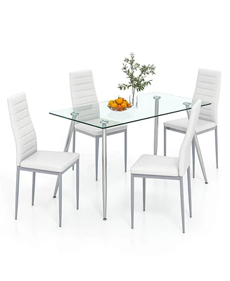 Gymax 5 Pcs 51'' Rectangle Dining Set 0.3'' Thick Glass Table w/ 4 Padded Dining Chairs