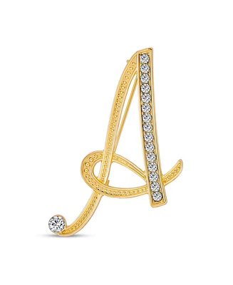 Bling Jewelry Large Statement Abc Pave Crystal Cursive Script Monogram Letters Alphabet Initial A Scarf Lapel Pin Brooch For Women Yellow Gold Plated