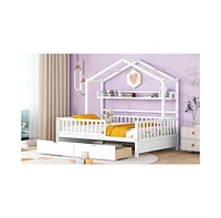 Slickblue Wooden Full Size House Bed with 2 Drawers,Kids Bed with Storage Shelf, White