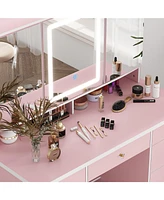 Famapy Pink Modern Makeup Vanity Desk 9-Drawers Wood Dressing Table with 3 Mirrors, Hidden Storage Shelves, Led Lighted Lights