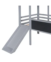 Slickblue Loft Bed with Ladder, Slide, Blackboard, and Roof Light Strip Fun House for Kids