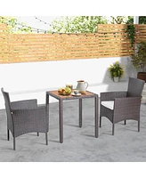 Sugift 3 Pieces Patio Wicker Furniture Set wih Acacia Wood Table Top and Chair Cushiones