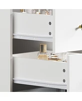 Homsee White Makeup Vanity Desk 9 Drawers Wood Dressing Table With 3 Mirrors, Glass Top, Hidden Storage Shelves, Led Lighted