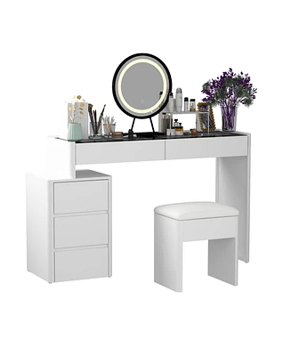 Famapy White Makeup Vanity Sets Wood Dressing Desk With 5-Drawers, See-Through Glass Top, Round Led Dimmable Mirror and Stool