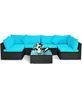 Sugift 7 Pieces Sectional Wicker Furniture Sofa Set with Tempered Glass Top-Blue