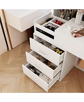 Famapy White Makeup Vanity Desk Wood Dressing Table With Sliding Top, Full-Length Mirror, Hidden Shelves, Drawers, Led Lights